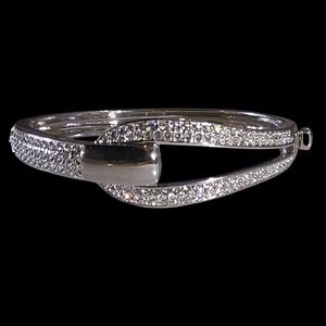 Signed Butler Silver Tone Rhinestone Hinged Bangle Bracelet Pavé Crystal Modern